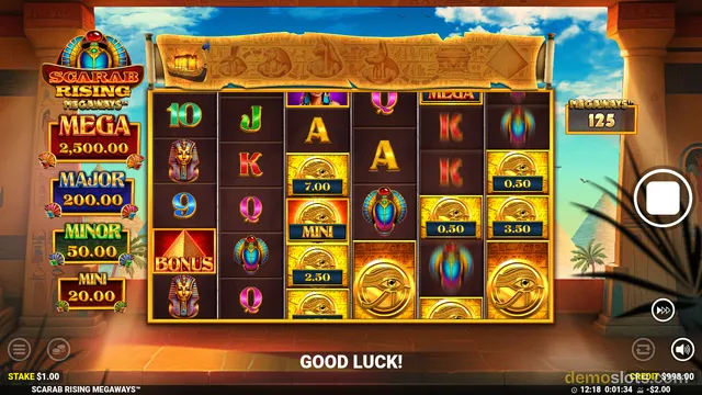 Scarab Rising Megaways slot game showing a 6-reel grid with Egyptian-themed symbols and a 'GOOD LUCK!' message at the bottom.