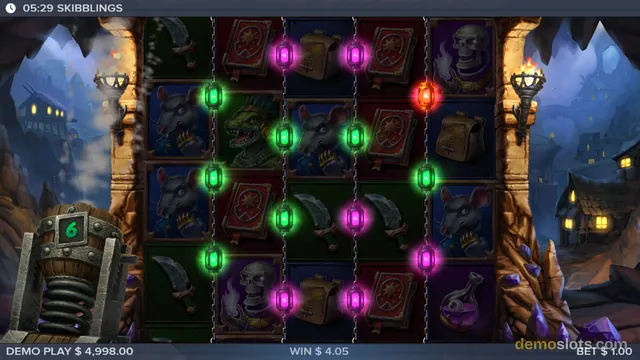 A 5x4 slot game titled SKIBBLINGS shows a base game grid with a winning spin, featuring rat, lizard, and skull symbols with glowing green and magenta orbs on some positions.