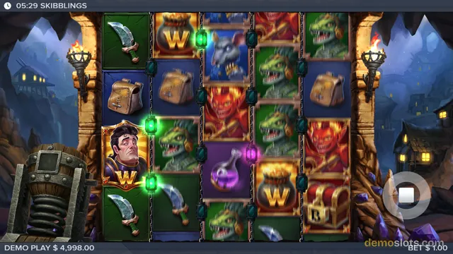 A 5-reel slot game titled SKIBBLINGS shows a grid of fantasy symbols including a character, knives, bags, potions, and creatures, with a demo play balance of $4,998.00 and a bet of $1.00.