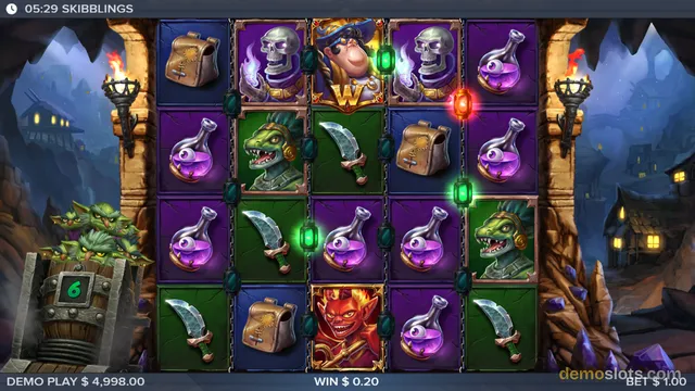 A 5-reel slot game showing Skibblings characters and items in a fantasy cave setting, with a win of $0.20 displayed at the bottom.