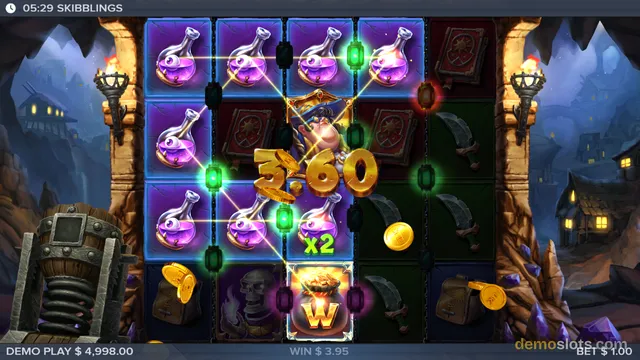 A slot game titled SKIBBLINGS shows a 5x4 grid of symbols with a win of 3.60 highlighted by a golden number and a character in a frame, with a win amount of 3.95 displayed below.