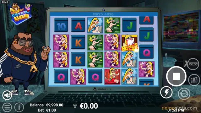 A slot game titled Crypto Bro is displayed on a laptop screen, with a cartoon character standing beside it and a 4x5 grid of symbols including letters and character images.