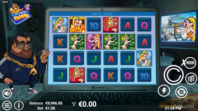 A slot game titled Crypto Bro shows a 4x6 grid of symbols on a laptop screen, with a cartoon man in a tracksuit and gold chain standing to the left.