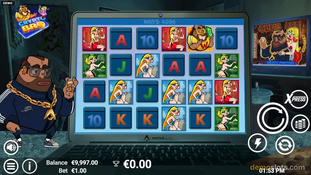 A slot game titled Crypto Bro shows a 5x4 reel grid on a laptop screen, with a cartoon man in a blue tracksuit and gold chains standing to the left.
