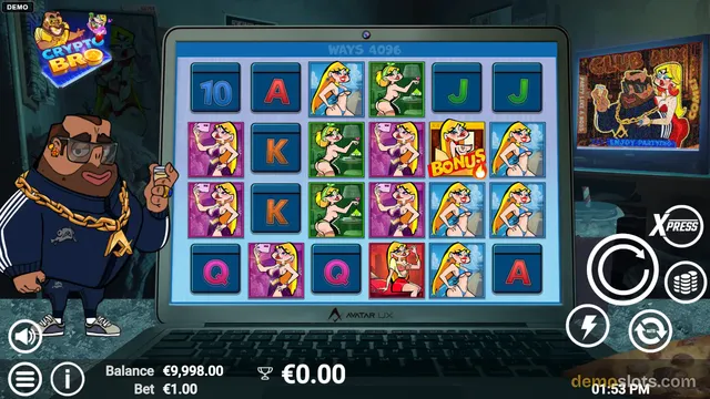 A slot game titled Crypto Bro is displayed on a laptop screen, showing a 4-row by 6-column grid of symbols with a cartoon character standing beside the laptop.