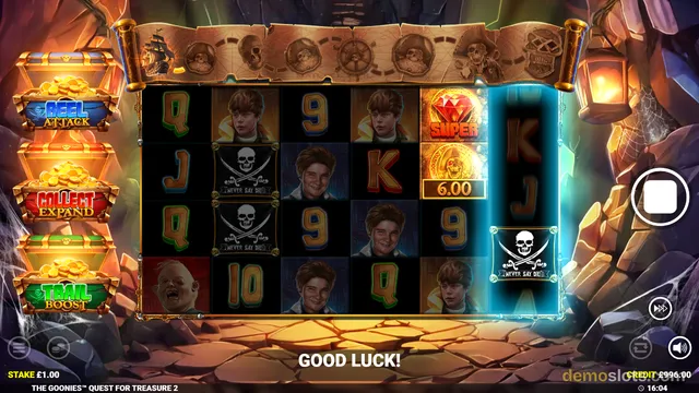 A 5x4 grid slot game with pirate-themed art and a 'GOOD LUCK!' message displayed below the reels.