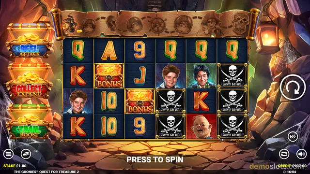 A fully rendered pirate-themed slot game grid displaying a mix of card symbols, character portraits, and skull icons on a 4x6 layout.