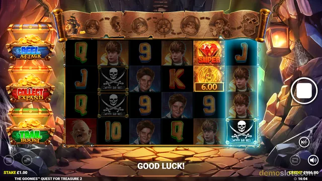 A settled 6-reel by 4-row video slot grid displaying a 'Good Luck!' message and various symbols on a pirate-themed background.