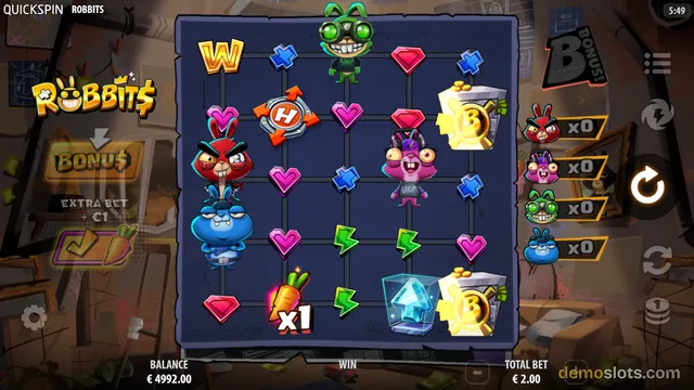 A slot game screen titled ROBbits featuring a 5x5 grid with cartoon rabbit characters and various symbols.
