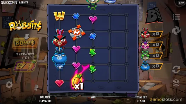A screenshot of the Robbits slot game displaying a 5x4 grid with cartoon rabbit characters and various symbols on a dark background.
