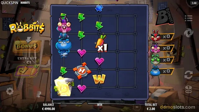 A screenshot of the Robbits slot game showing a 5x3 grid with a partially filled first column of cartoon characters and symbols.