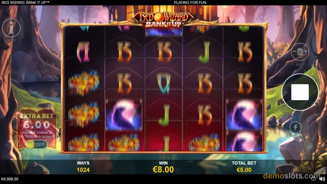 A slot game grid showing five reels with stylized symbols including flaming wizards, orbs, and letters, with a win of 8.00 euros.