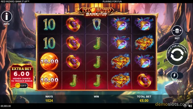 A 5-reel, 4-row slot game grid titled Red Wizard: Bank It Up is shown with various magical-themed symbols, and the bottom bar displays a total bet of 5.00 euros.