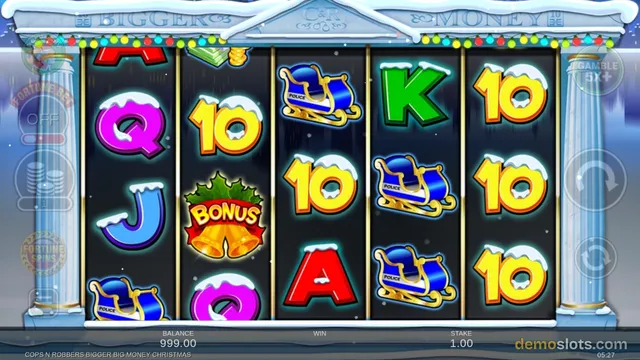A 5x3 slot game grid with a Christmas theme showing symbols like a police sleigh, a bonus bell, and card letters, with the title 'COPS N ROBBERS BIGGER BIG MONEY CHRISTMAS' at the bottom.