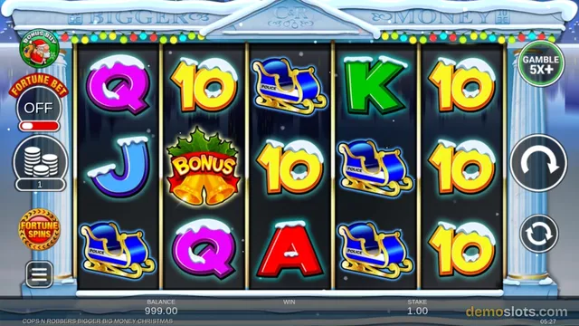 A 5x3 slot game grid with a winter/Christmas theme, showing symbols like sleds, letters, and a bonus ornament on the reels, with a snowy casino building frame and game controls on the sides.