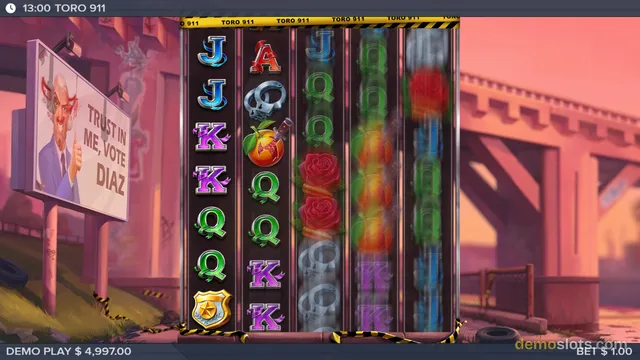 A 5-reel slot game shows a settled base game with a grid of symbols including J, A, K, Q, a skull, a rose, a bomb, and a sheriff badge, set against a sunset-toned urban background with a billboard reading 'TRUST IN ME, VOTE DIAZ'.