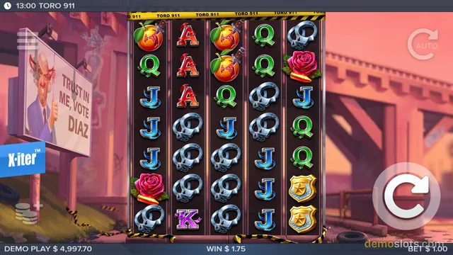 A 5-reel slot game grid is fully rendered against a sunset cityscape backdrop, showing a mix of fruit, letter, and skull symbols.