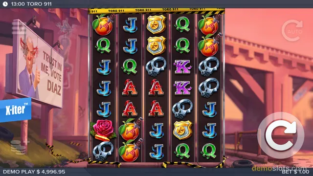 A 5-reel slot game shows a grid of symbols including apples, skulls, and letter tiles, set against an urban sunset backdrop with a billboard.