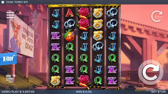 A 5-reel slot game grid shows various symbols including letters, a rose, a skull, an apple, and a sheriff badge, with a billboard on the left that reads TRUST IN ME, VOTE DIAZ.