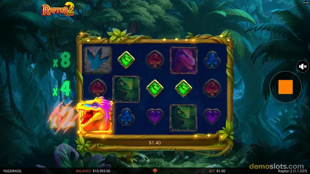 A slot game screen showing a 5x3 grid of dinosaur-themed symbols set against a dark jungle background.
