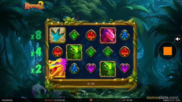 A slot game grid displaying jungle-themed symbols including dinosaurs, gems, and playing cards against a dark forest background.