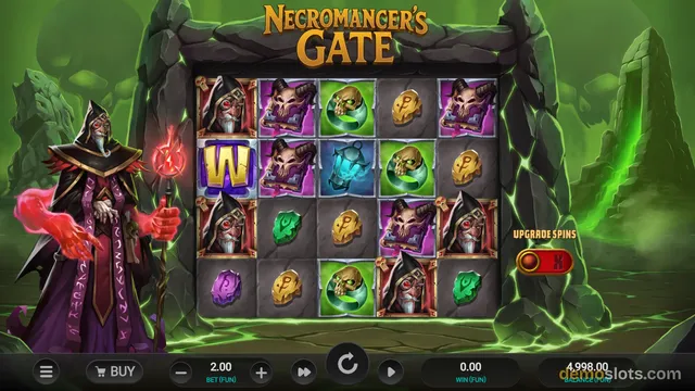 A fully rendered slot game screen titled 'Necromancer's Gate' showing a 5x4 grid of dark-fantasy themed symbols with a necromancer character on the left side.