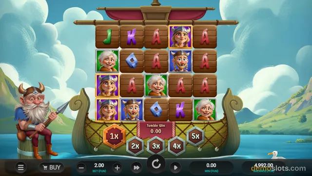 A 5x4 video slot game grid displays a mix of Viking characters and playing card symbols on a wooden ship background, with a large Viking figure seated on the left side.