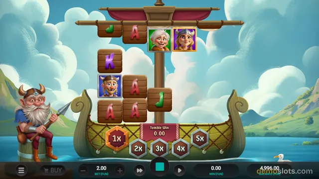 A video slot game featuring a Viking theme with a grid of symbols arranged on a wooden ship's mast against a bright sky and sea background.
