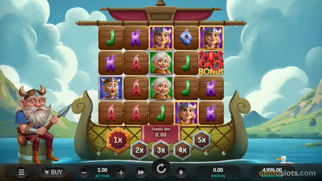 A Norse-themed slot machine grid is displayed on a longship with a Viking warrior seated on the bow.