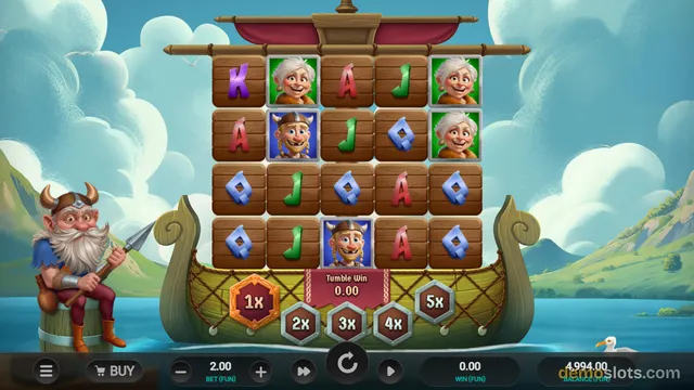 A Viking-themed slot machine game displaying a 5x4 grid of symbols on a wooden ship interface, with a bearded Viking character on the left and a blue sky background.