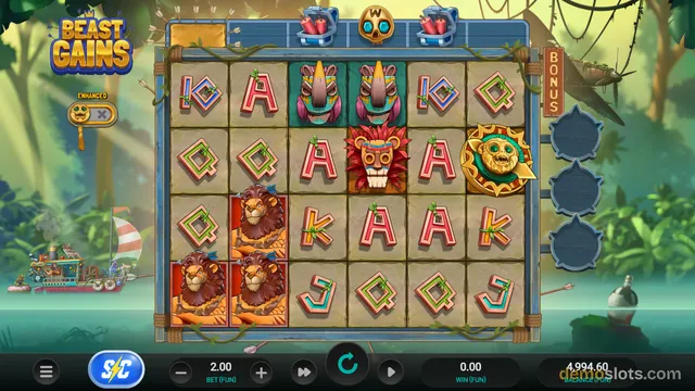 A jungle-themed slot game titled Beast Gains shows a 6-reel grid with lion, mask, and letter symbols, surrounded by tropical scenery and a river with a boat and plane.