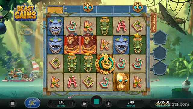 A 6x4 slot game grid titled Beast Gains shows colorful jungle-themed symbols including blue sharks, lions, green masks, golden skulls, and letter tiles, with a jungle backdrop featuring a riverboat, a crashed airplane, and vines.