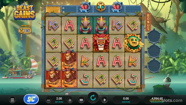 A jungle-themed slot game titled Beast Gains shows a 6x5 grid of stone tiles with various animal symbols, set against a backdrop of vines and a river with a small boat.