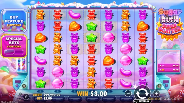 A slot game titled Sugar Rush Super Scatter shows a grid of candy symbols with a win of $3.00 and a credit of $99,999.00.