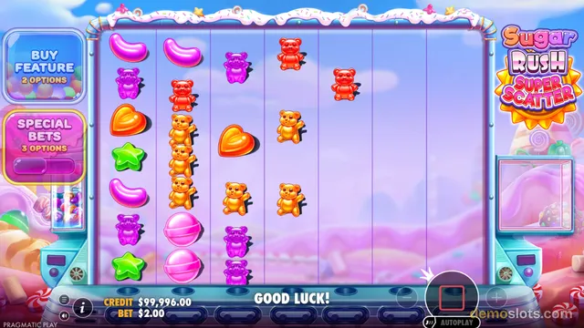 A candy-themed slot game grid shows colorful symbols including gummy bears, hearts, stars, and other sweets on a bright pastel background.