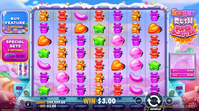 A 7-reel slot grid filled with colorful candy symbols shows a win of $3.00 on a credit of $99,999.00 and bet of $2.00.