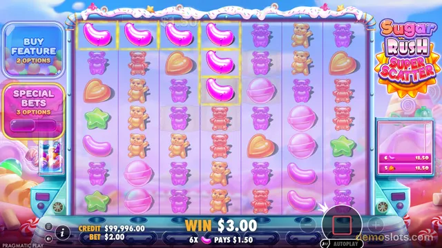 A candy-themed slot game grid shows a win with pink symbols highlighted, with the game title Sugar Rush Super Scatter in the top right.