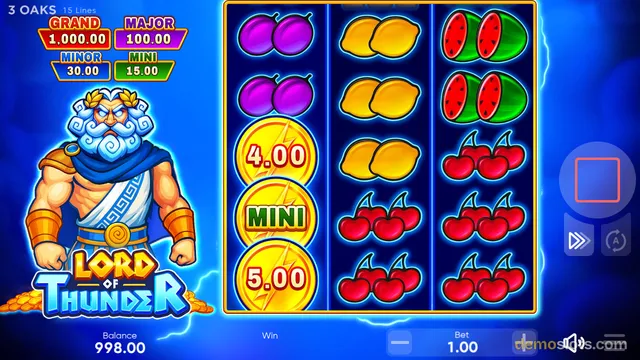 A slot game titled Lord of Thunder shows a 3x5 grid with fruit symbols and coin symbols, with a cartoon Zeus character on the left.