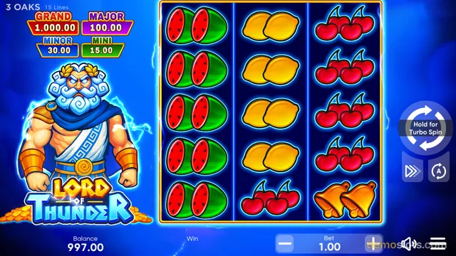 A 3x5 slot grid showing fruit symbols with a Zeus character on the left side, surrounded by a blue background.