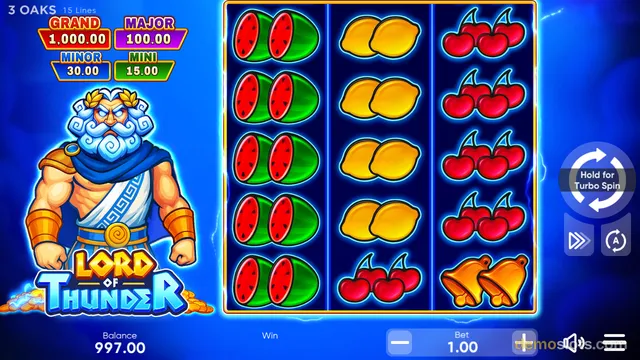 A slot game titled Lord of Thunder shows a 3x5 grid of fruit symbols with a cartoon Zeus character on the left and jackpot values displayed above.