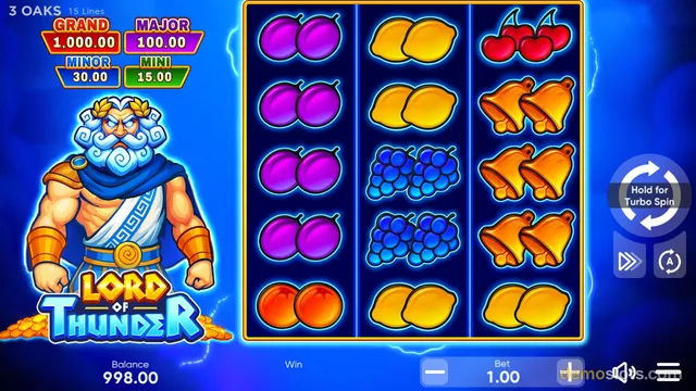 A slot game titled Lord of Thunder shows a 3x5 reel grid with fruit symbols, a Zeus character on the left, and jackpot values displayed at the top.