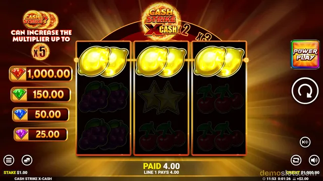 Cash Strike X-CASH slot game showing three reels with a winning line of three lemon symbols across the middle row, with a paid amount of 4.00 displayed at the bottom.