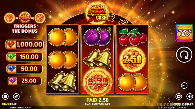 A three-reel slot game titled Cash Strike X-Cash shows a winning scatter pay with oranges, plums, cherries, and bells on the reels, with a 2.50 payout displayed.