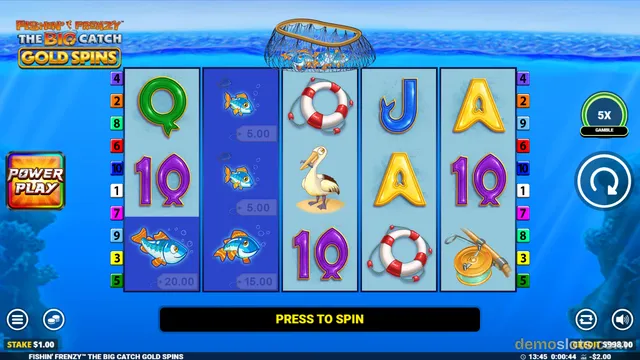A slot game titled Fishin' Frenzy The Big Catch Gold Spins shows a five-reel grid with fishing-themed symbols, a PRESS TO SPIN button at the bottom, and a stake of $1.00.