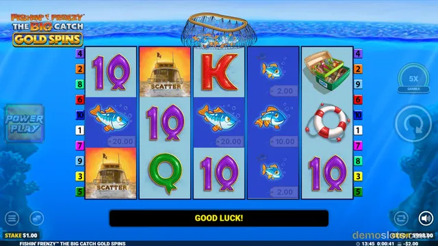 A 5x3 slot game grid with fishing-themed symbols, showing a base game state with a 'GOOD LUCK!' message.
