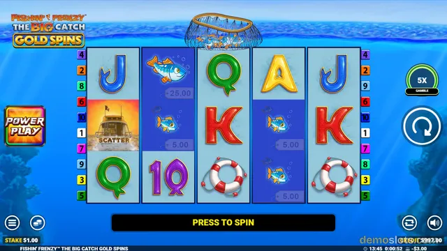 Fishin' Frenzy: The Big Catch Gold Spins slot game showing a 5x3 reel grid with fishing-themed symbols, a fishing net above the reels, and a Press to Spin button at the bottom.