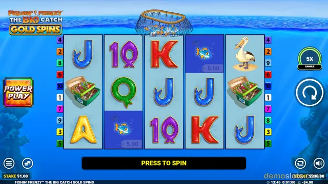 A 5-reel slot game titled Fishin' Frenzy The Big Catch Gold Spins shows a settled grid of symbols including a fishing net, pelican, fish, tackle box, and card letters.