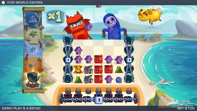 World Eaters slot game showing a partially unlocked grid with monster characters and building symbols on a beach setting.