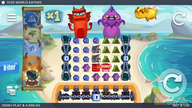 A 5x5 grid of slot symbols sits on a beach, flanked by two large monsters and a flying pig, with a locked bottom row of cannons.