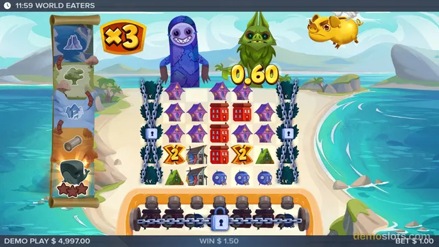 A slot game titled World Eaters shows a 5x5 grid of symbols on a beach setting, with a win of 0.60 displayed above the grid.